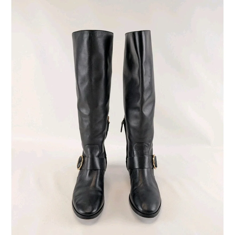 Tory Burch Womens Black Leather Riding Boots‎ Sz 7.5M Gold Logo Buckle Knee High